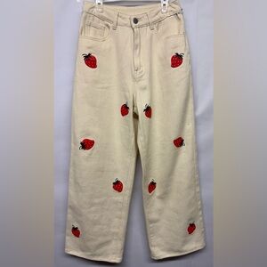 Cider Cream Wide Leg Jeans with Strawberry Accents